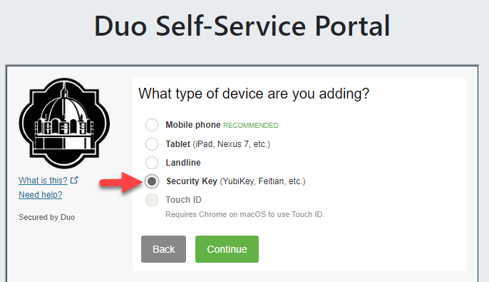 DUO Portal Adding a Security Key